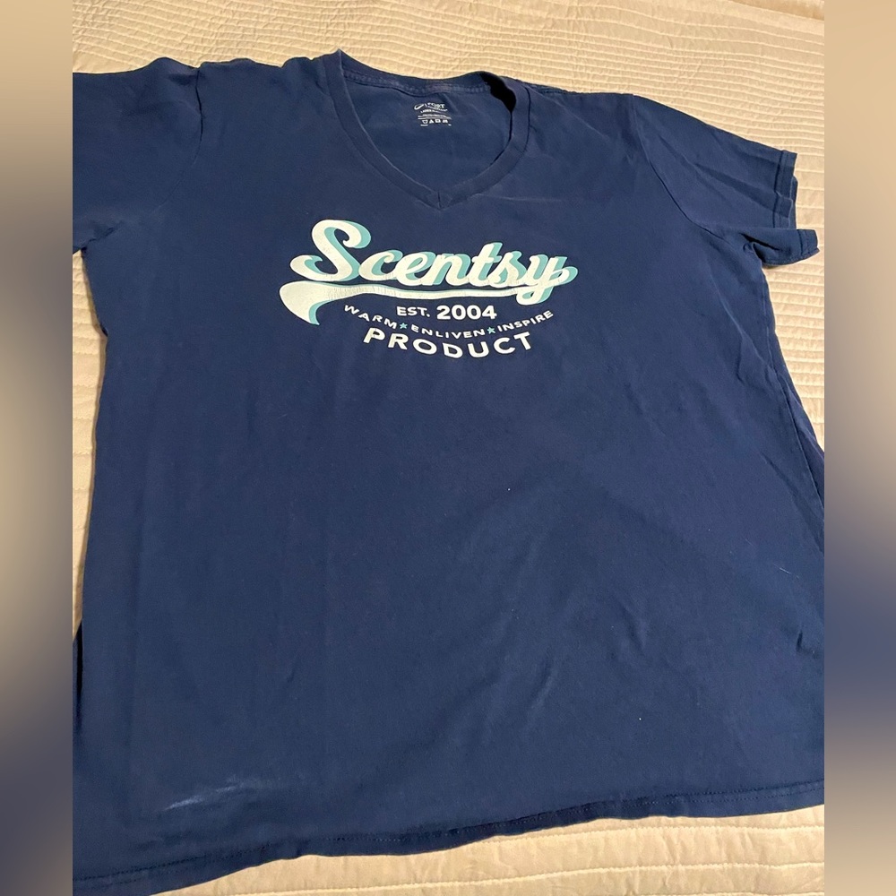 Scentsy logo, ladies V-neck navy blue T-shirt.